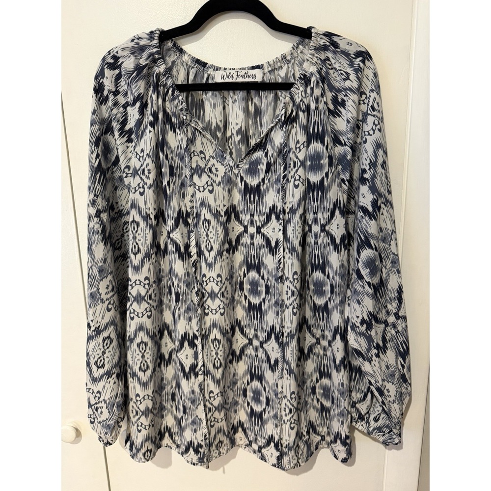 Wild Feathers Women's Size XL Blue Long Sleeve Blouse Top V-Neck Shirt